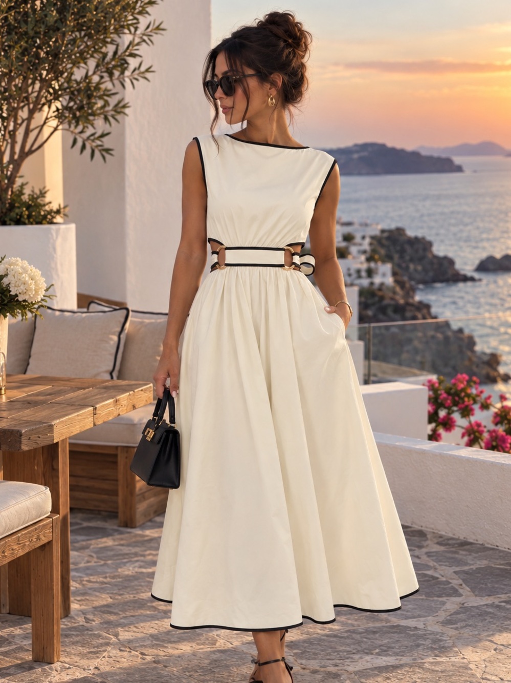 🤍Commense Contrast Trim Cutout Tie Back Midi Dress